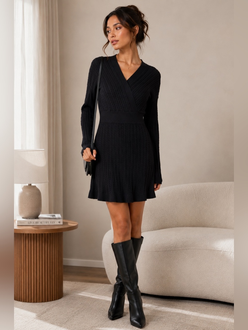 Lucky Brand V-neck Sweater Dress M Black Cable Knit Goth Girl LBD Fall Y2K